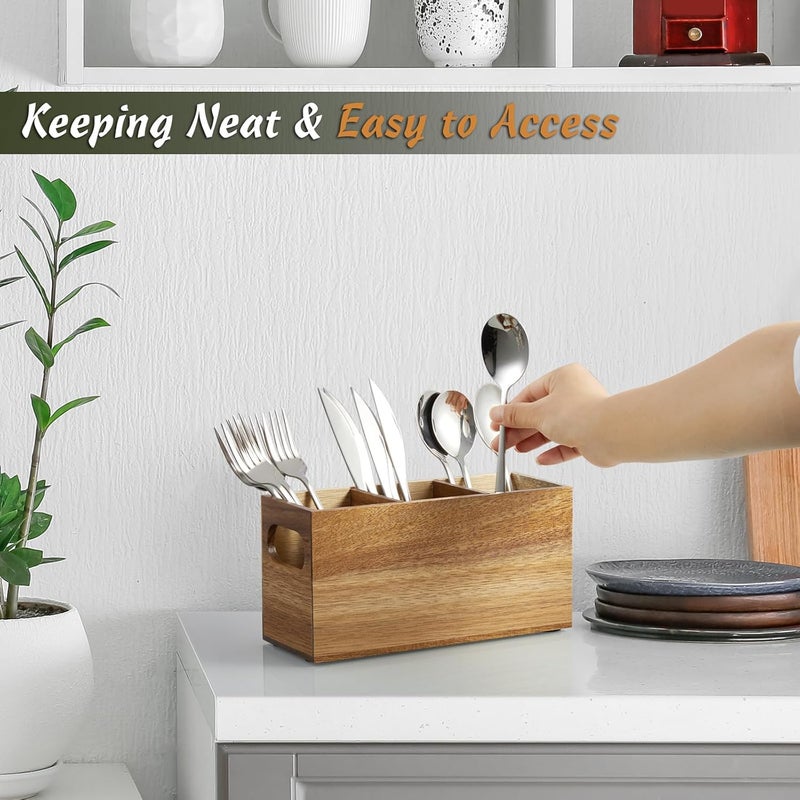 DRASTAR Silverware Holder, Acacia Wooden Utensil Caddy, Silverware Organizer Countertop, Cutlery Holder for Party, Fork Spoon Knife Organizer - Image 4